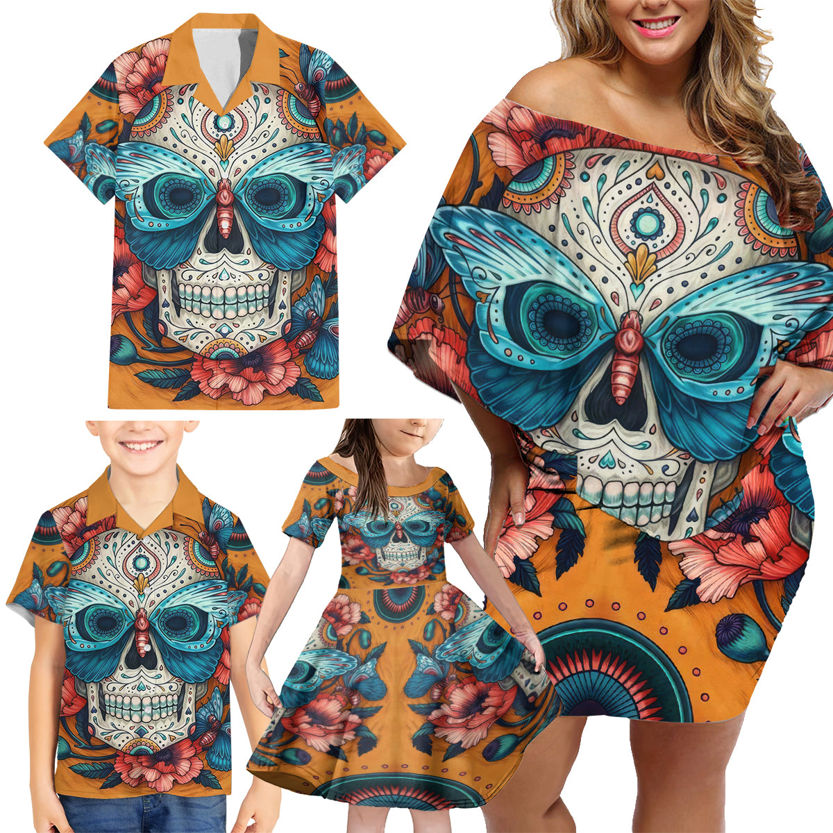 Day of Dead Skull Family Matching Off Shoulder Short Dress and Hawaiian Shirt Sugar Skull Butterfly - Wonder Print Shop