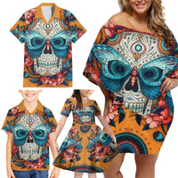 Day of Dead Skull Family Matching Off Shoulder Short Dress and Hawaiian Shirt Sugar Skull Butterfly - Wonder Print Shop