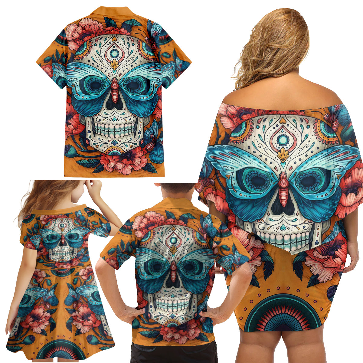 Day of Dead Skull Family Matching Off Shoulder Short Dress and Hawaiian Shirt Sugar Skull Butterfly - Wonder Print Shop
