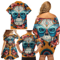 Day of Dead Skull Family Matching Off Shoulder Short Dress and Hawaiian Shirt Sugar Skull Butterfly - Wonder Print Shop