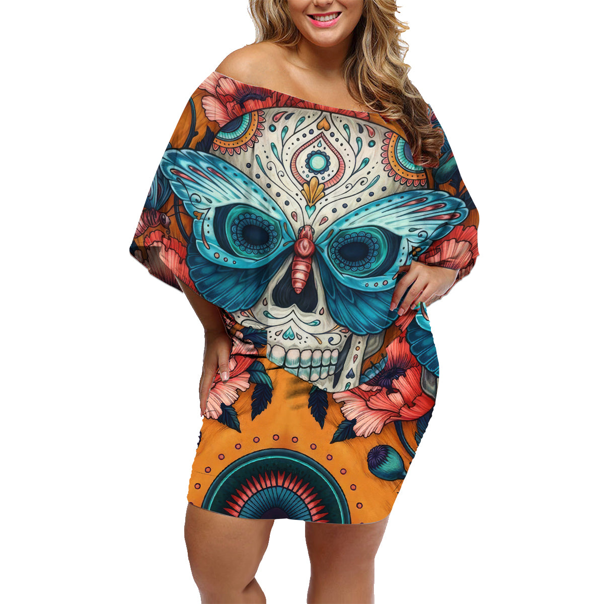 Day of Dead Skull Family Matching Off Shoulder Short Dress and Hawaiian Shirt Sugar Skull Butterfly - Wonder Print Shop