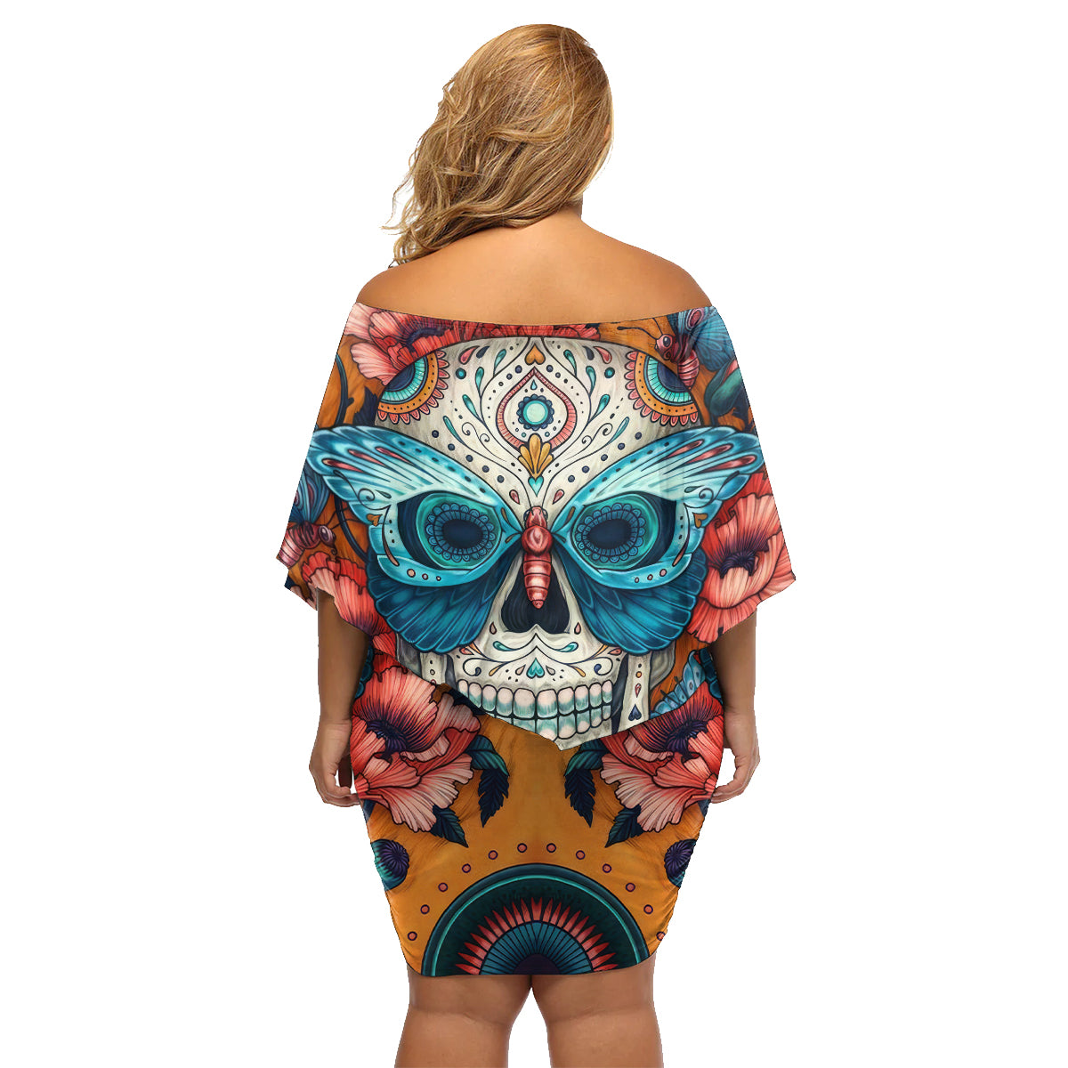 Day of Dead Skull Family Matching Off Shoulder Short Dress and Hawaiian Shirt Sugar Skull Butterfly - Wonder Print Shop