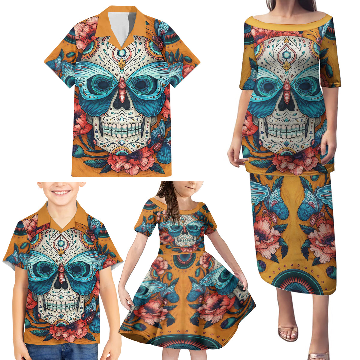 Day of Dead Skull Family Matching Puletasi Dress and Hawaiian Shirt Sugar Skull Butterfly - Wonder Print Shop