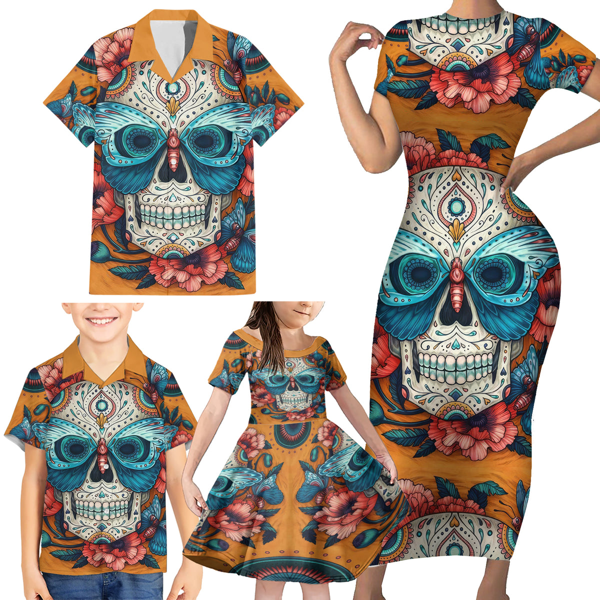 Day of Dead Skull Family Matching Short Sleeve Bodycon Dress and Hawaiian Shirt Sugar Skull Butterfly - Wonder Print Shop