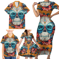 Day of Dead Skull Family Matching Short Sleeve Bodycon Dress and Hawaiian Shirt Sugar Skull Butterfly - Wonder Print Shop