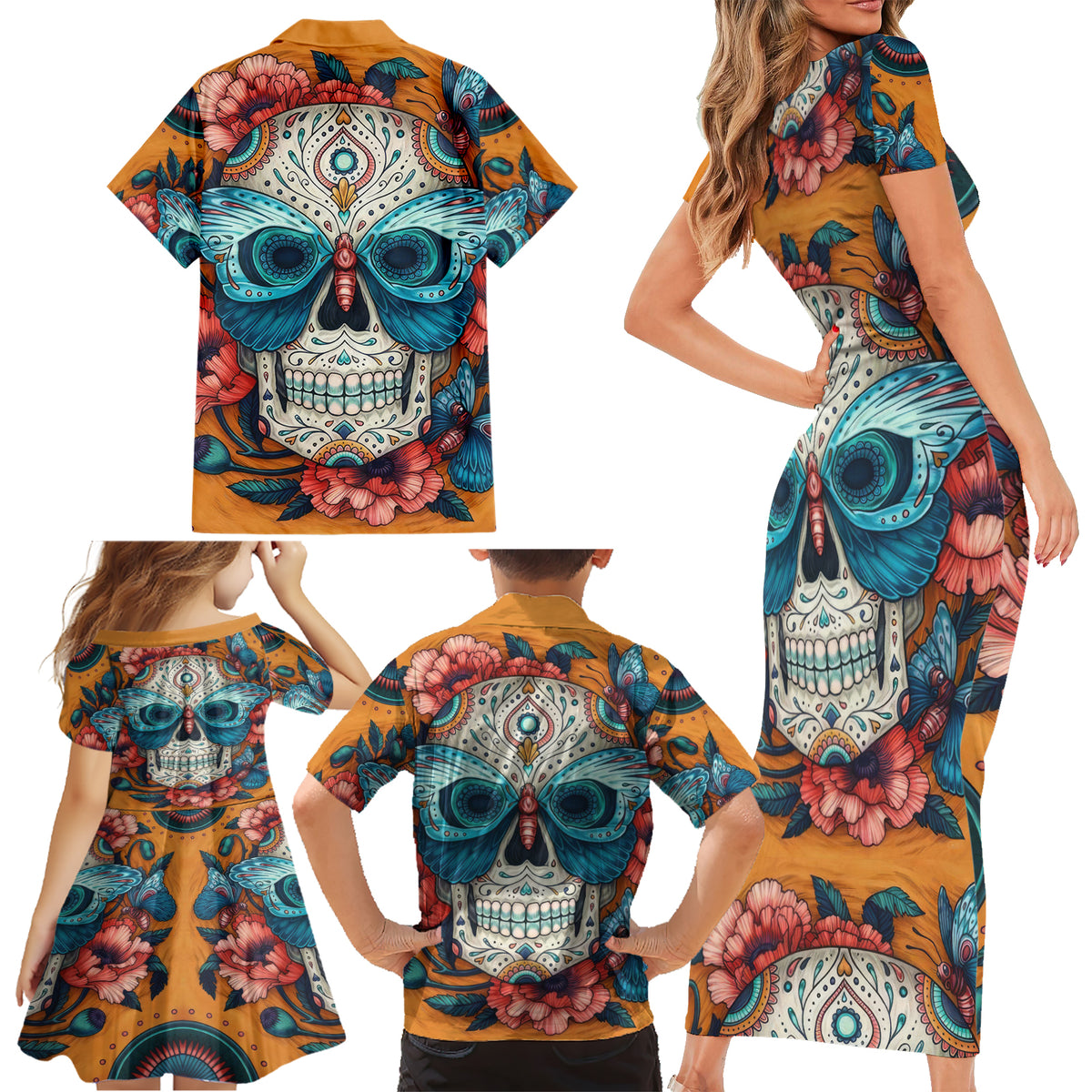 Day of Dead Skull Family Matching Short Sleeve Bodycon Dress and Hawaiian Shirt Sugar Skull Butterfly - Wonder Print Shop