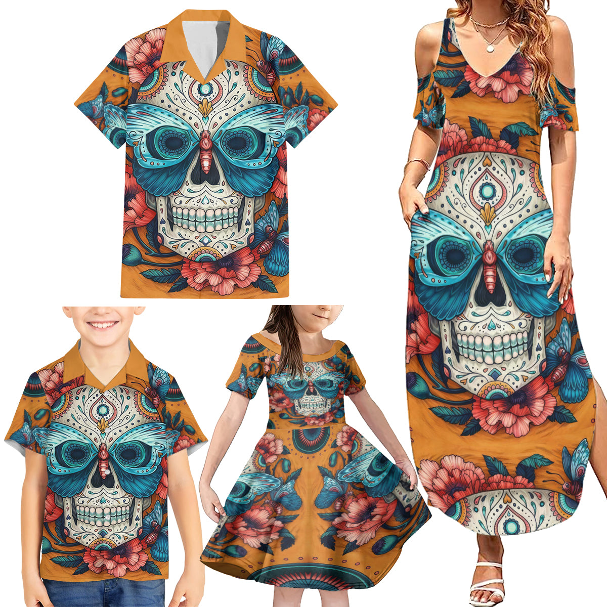 Day of Dead Skull Family Matching Summer Maxi Dress and Hawaiian Shirt Sugar Skull Butterfly - Wonder Print Shop