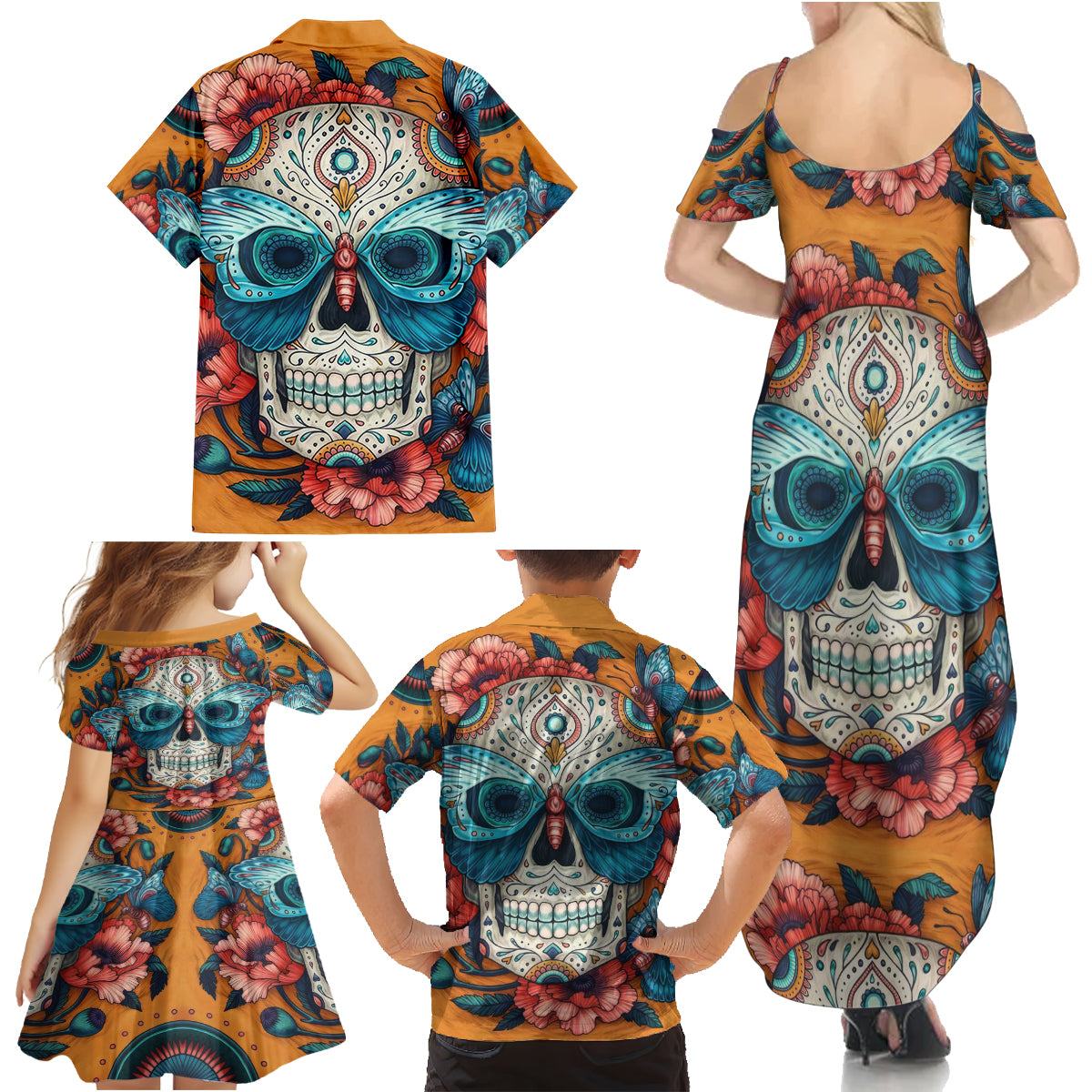 Day of Dead Skull Family Matching Summer Maxi Dress and Hawaiian Shirt Sugar Skull Butterfly - Wonder Print Shop