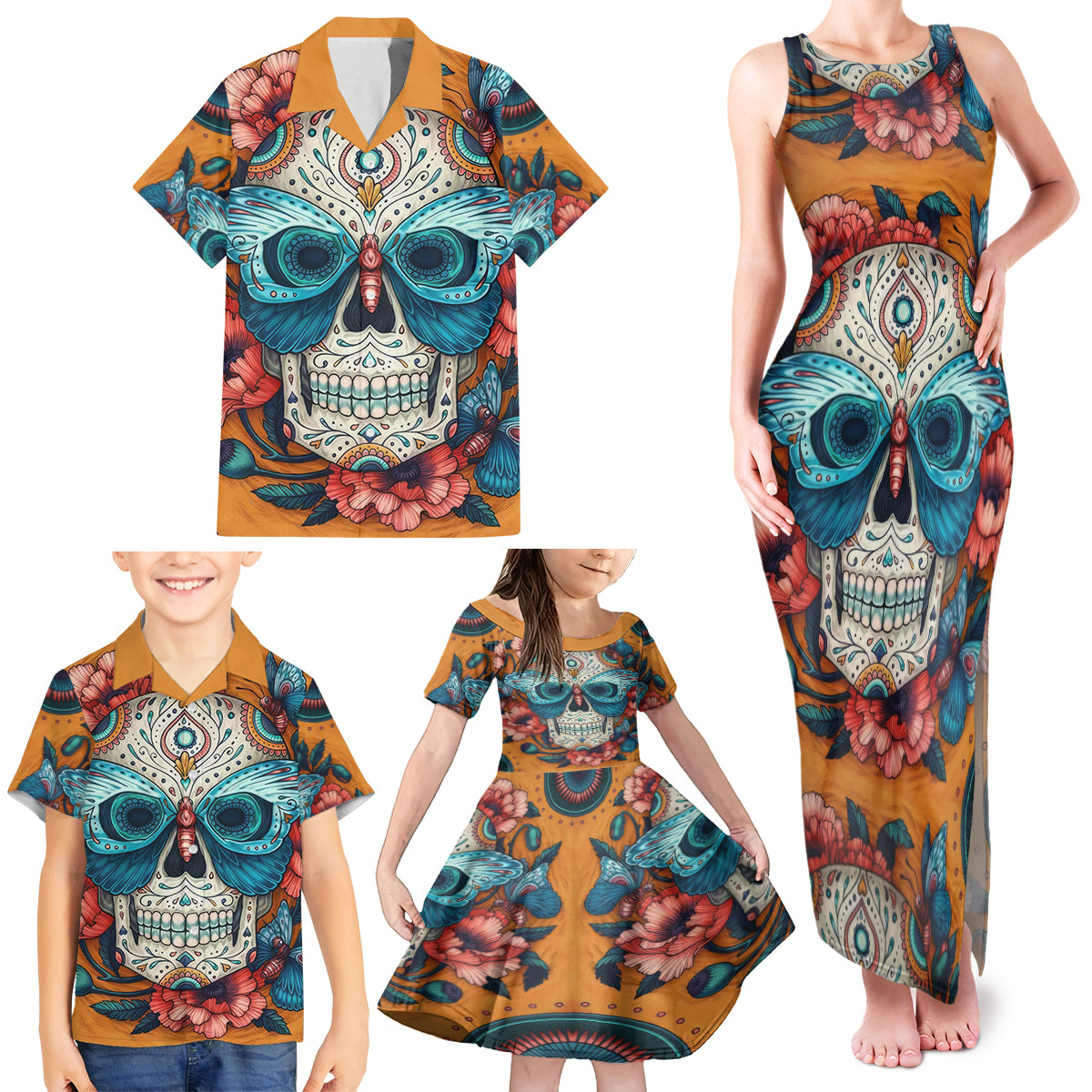 Day of Dead Skull Family Matching Tank Maxi Dress and Hawaiian Shirt Sugar Skull Butterfly - Wonder Print Shop