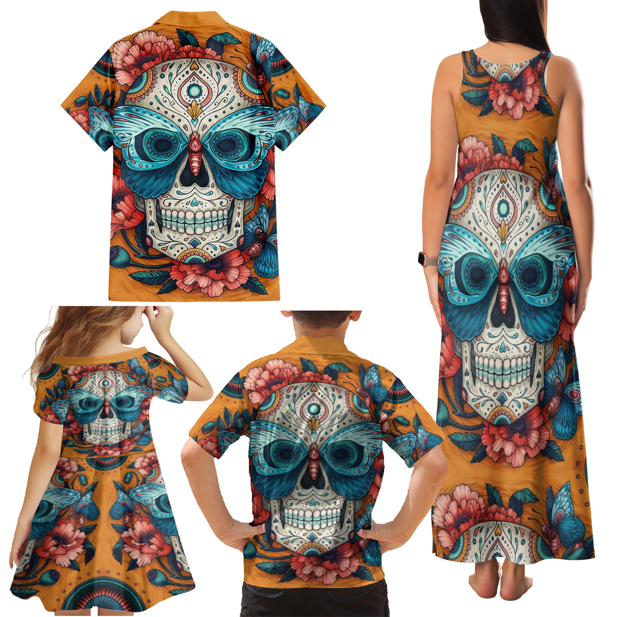 Day of Dead Skull Family Matching Tank Maxi Dress and Hawaiian Shirt Sugar Skull Butterfly - Wonder Print Shop