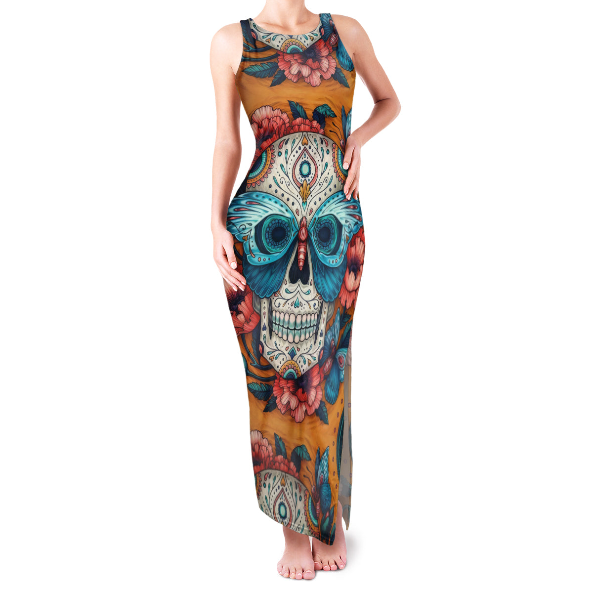 Day of Dead Skull Family Matching Tank Maxi Dress and Hawaiian Shirt Sugar Skull Butterfly - Wonder Print Shop