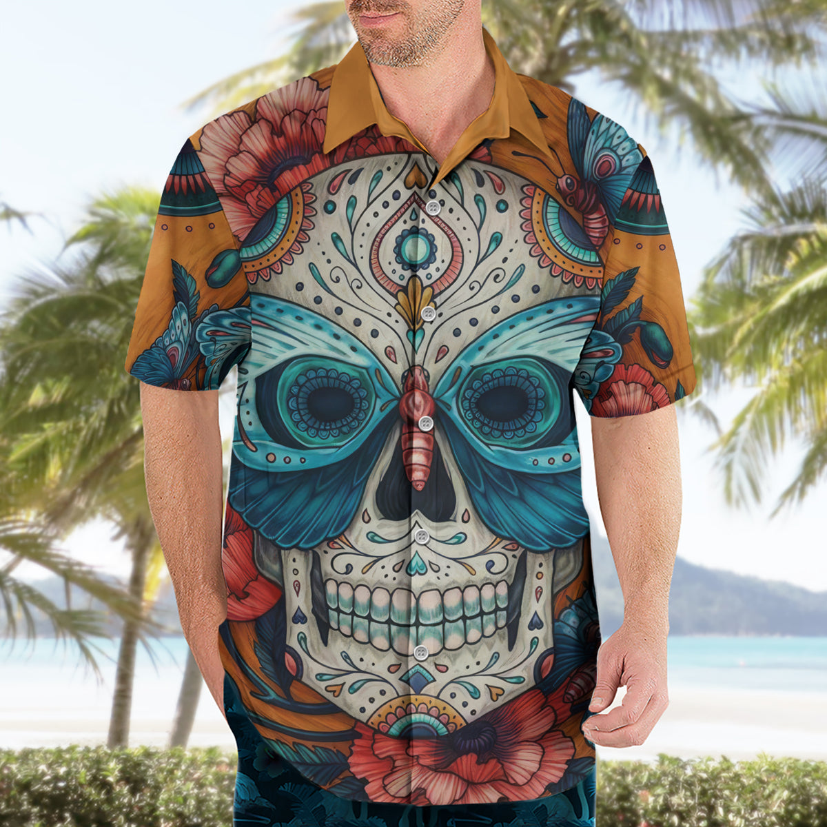 Day of Dead Skull Hawaiian Shirt Sugar Skull Butterfly - Wonder Print Shop