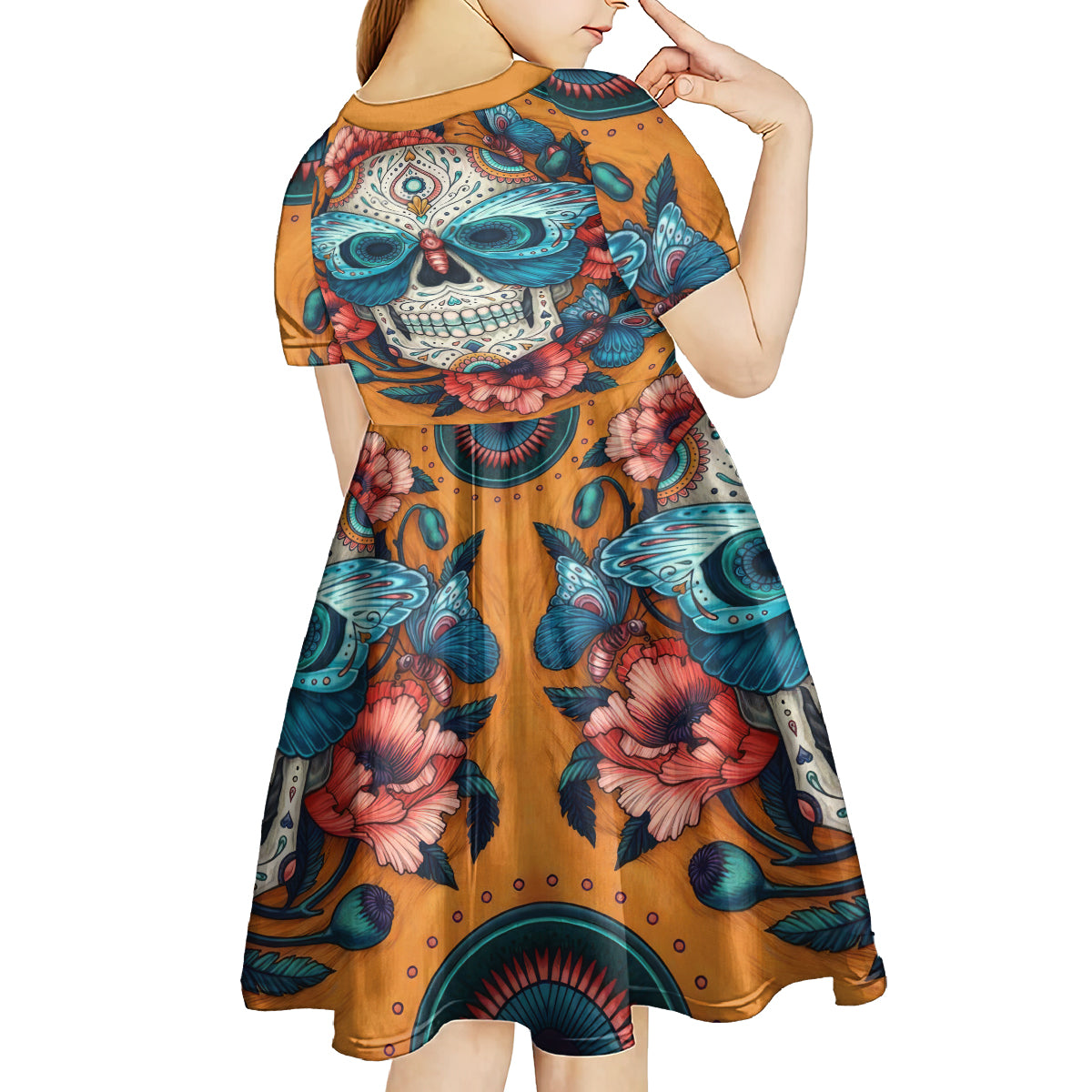 Day of Dead Skull Kid Short Sleeve Dress Sugar Skull Butterfly - Wonder Print Shop