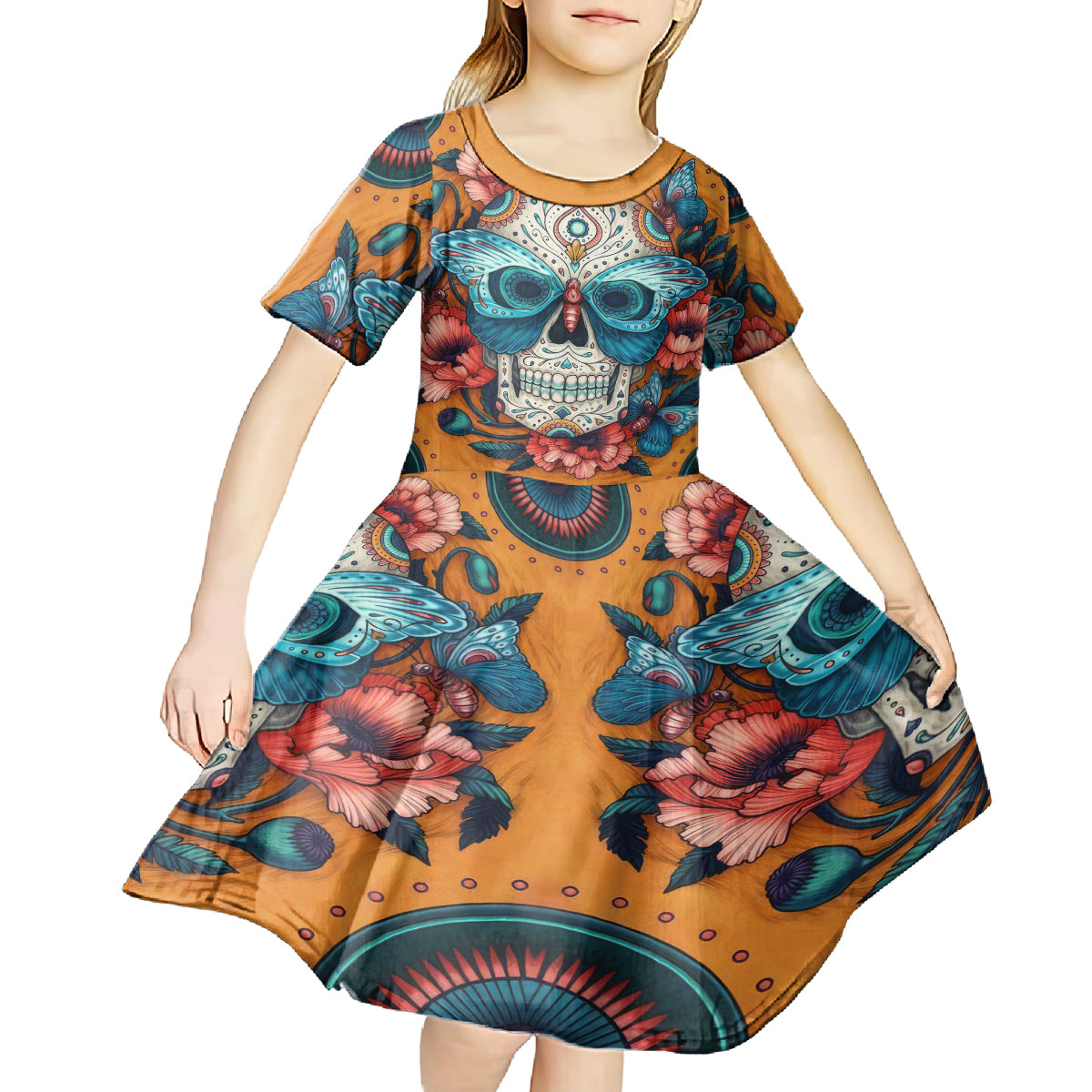 Day of Dead Skull Kid Short Sleeve Dress Sugar Skull Butterfly - Wonder Print Shop