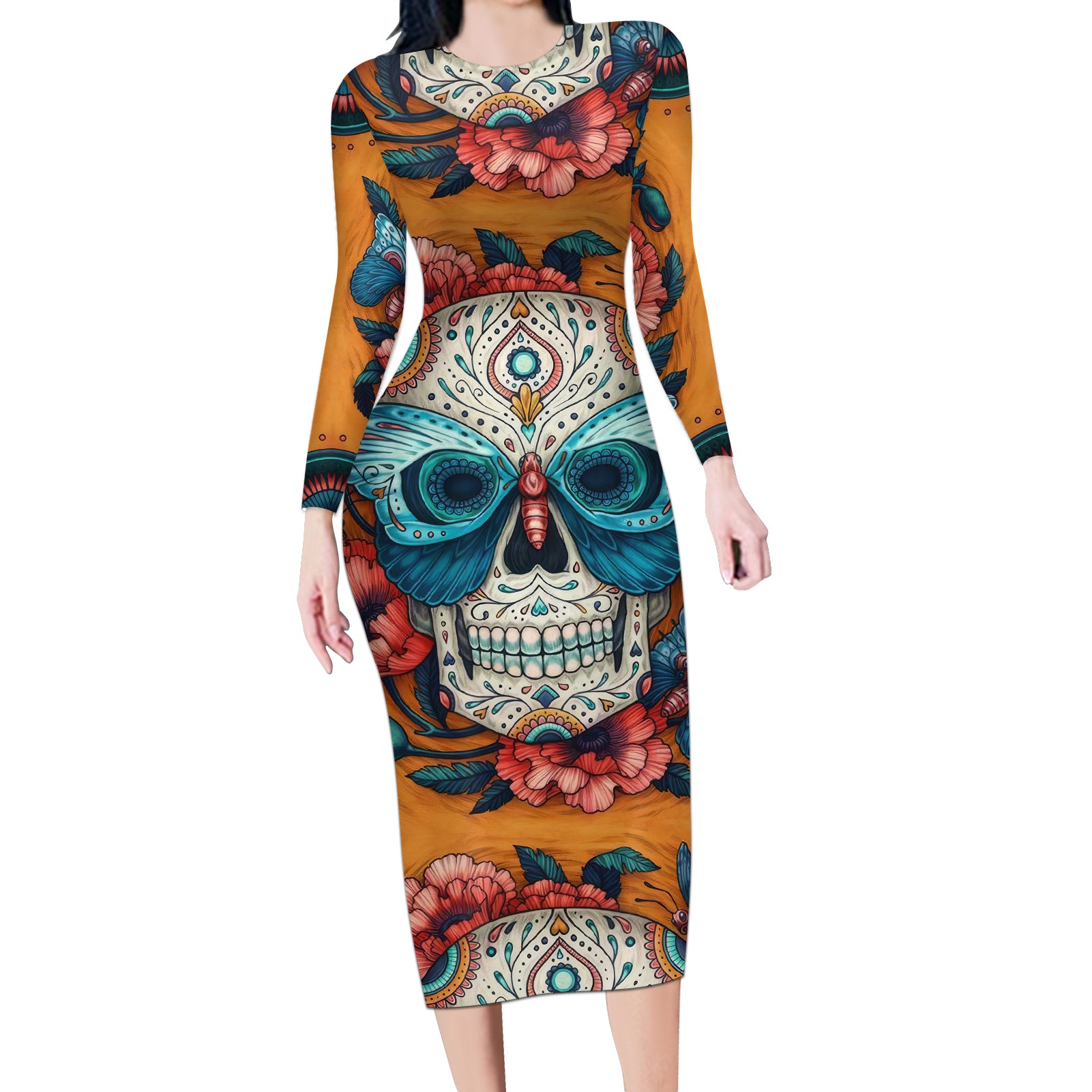 Day of Dead Skull Long Sleeve Bodycon Dress Sugar Skull Butterfly - Wonder Print Shop
