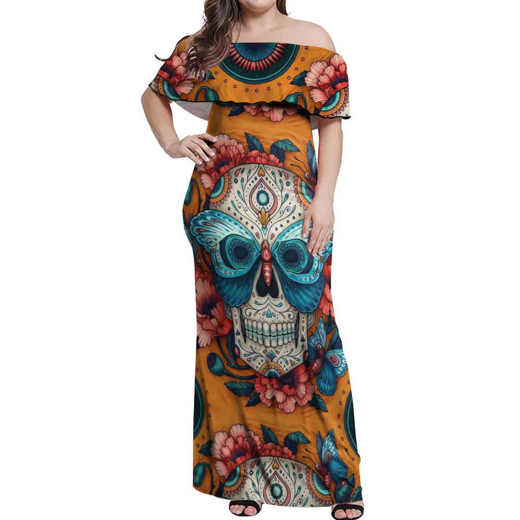 Day of Dead Skull Off Shoulder Maxi Dress Sugar Skull Butterfly - Wonder Print Shop