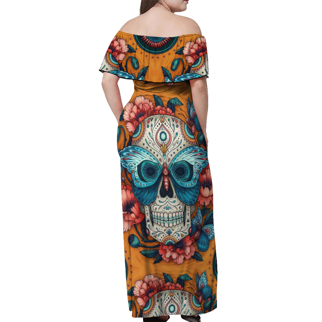 Day of Dead Skull Off Shoulder Maxi Dress Sugar Skull Butterfly - Wonder Print Shop