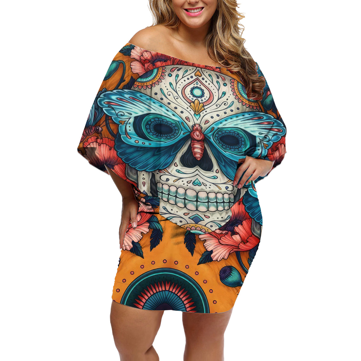 Day of Dead Skull Off Shoulder Short Dress Sugar Skull Butterfly - Wonder Print Shop