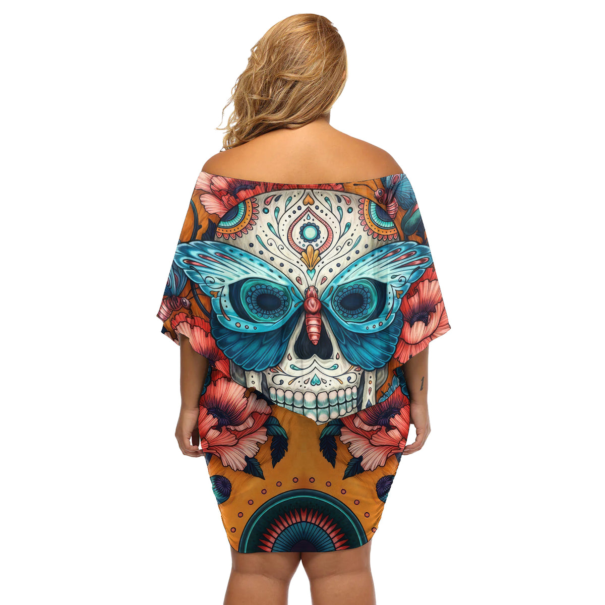 Day of Dead Skull Off Shoulder Short Dress Sugar Skull Butterfly - Wonder Print Shop