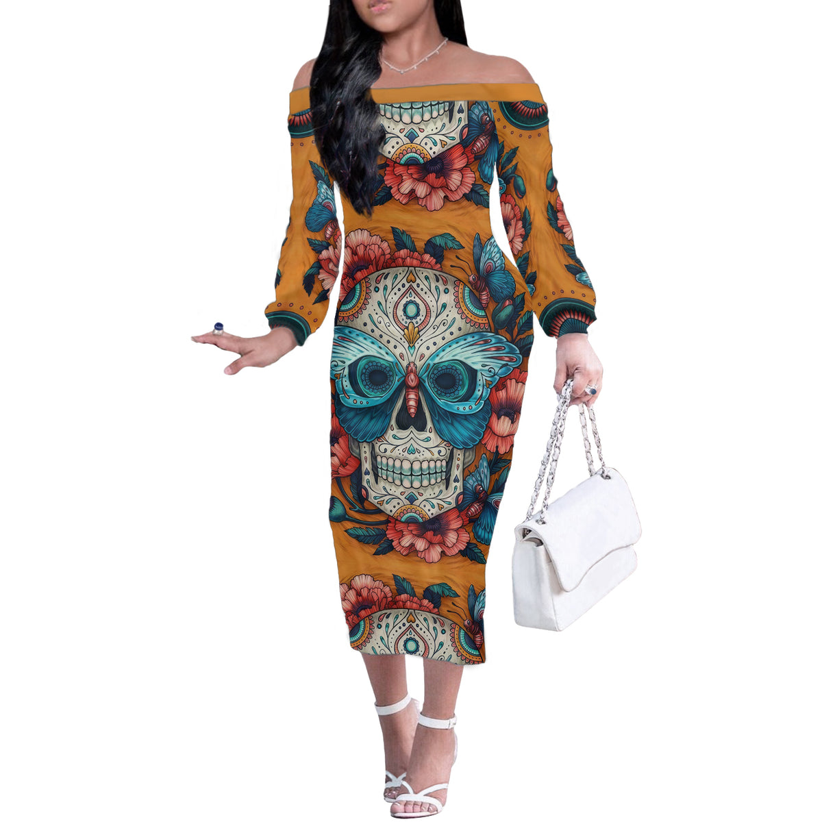 Day of Dead Skull Off The Shoulder Long Sleeve Dress Sugar Skull Butterfly - Wonder Print Shop
