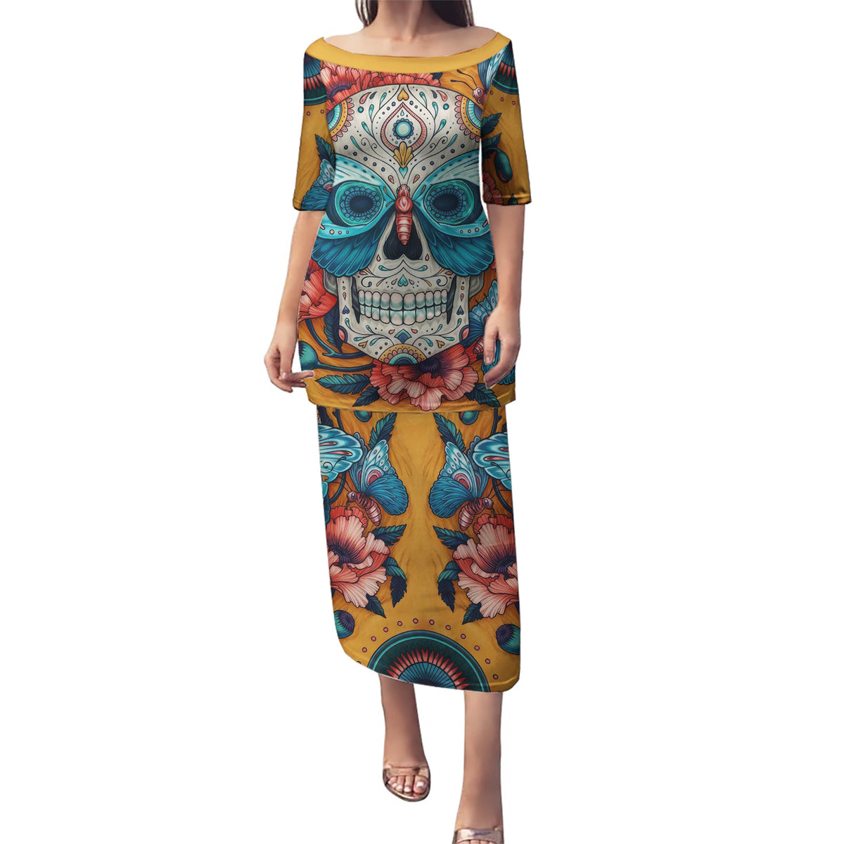Day of Dead Skull Puletasi Sugar Skull Butterfly - Wonder Print Shop