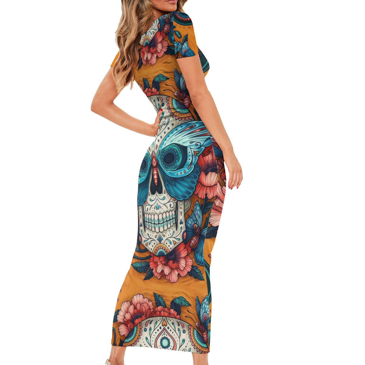 Day of Dead Skull Short Sleeve Bodycon Dress Sugar Skull Butterfly - Wonder Print Shop