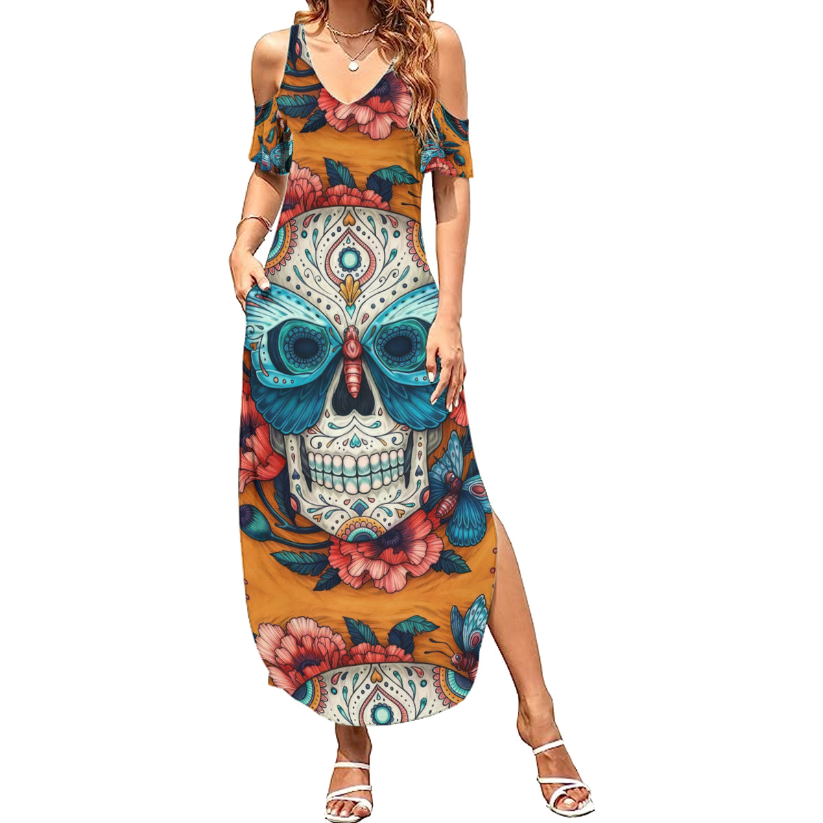 Day of Dead Skull Summer Maxi Dress Sugar Skull Butterfly - Wonder Print Shop
