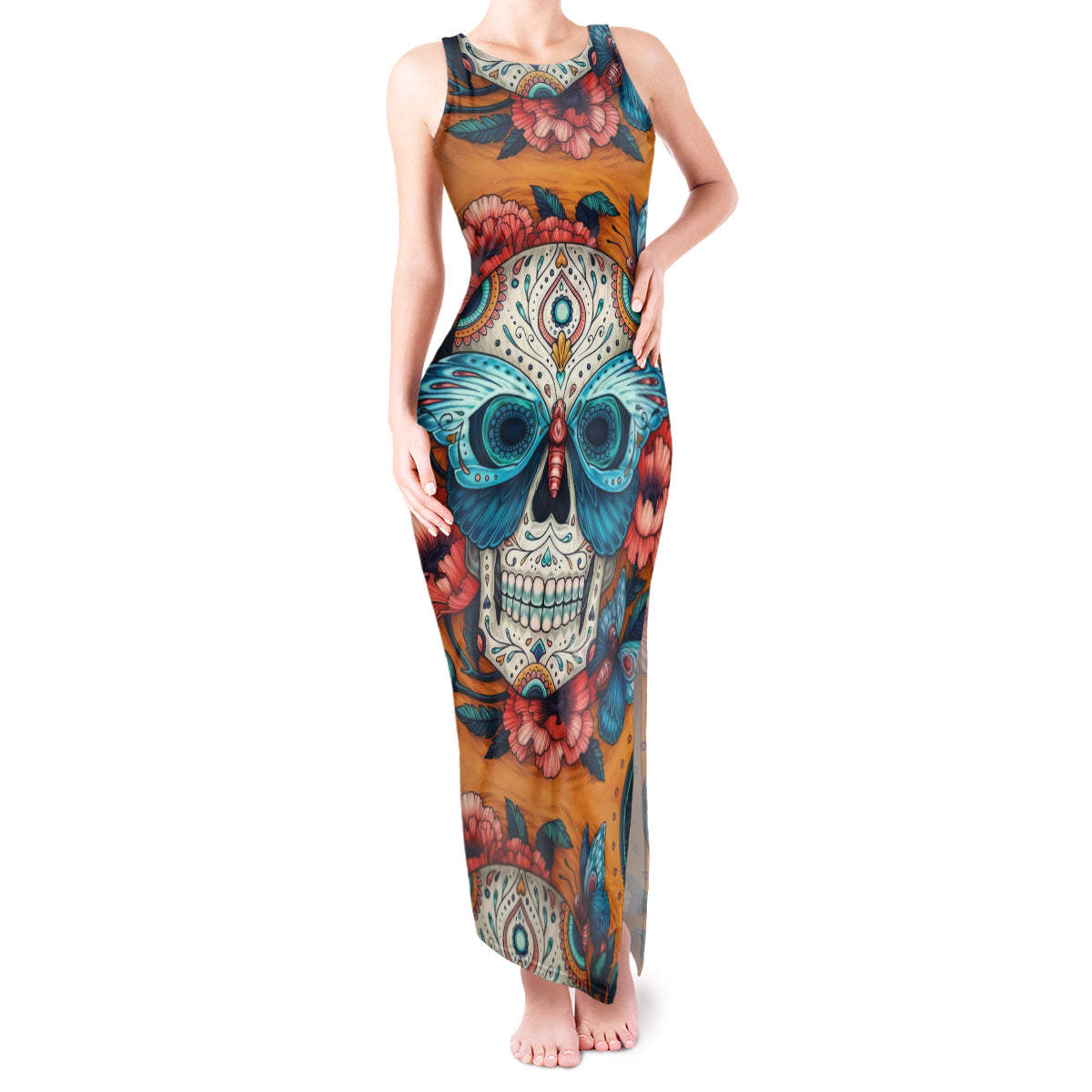 Day of Dead Skull Tank Maxi Dress Sugar Skull Butterfly - Wonder Print Shop