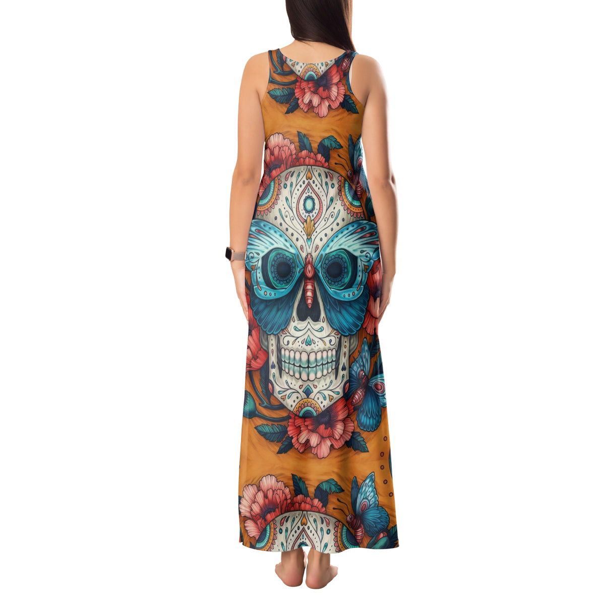 Day of Dead Skull Tank Maxi Dress Sugar Skull Butterfly - Wonder Print Shop