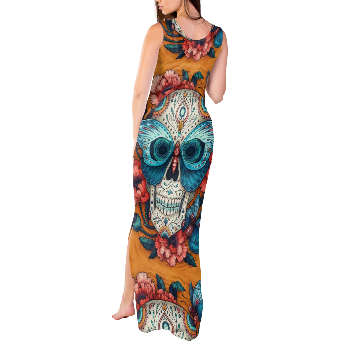 Day of Dead Skull Tank Maxi Dress Sugar Skull Butterfly - Wonder Print Shop