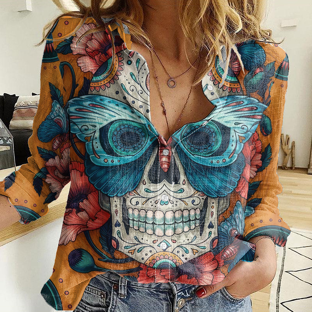Day of Dead Skull Women Casual Shirt Sugar Skull Butterfly - Wonder Print Shop