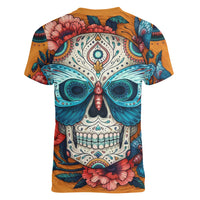 Day of Dead Skull Women V Neck T Shirt Sugar Skull Butterfly - Wonder Print Shop