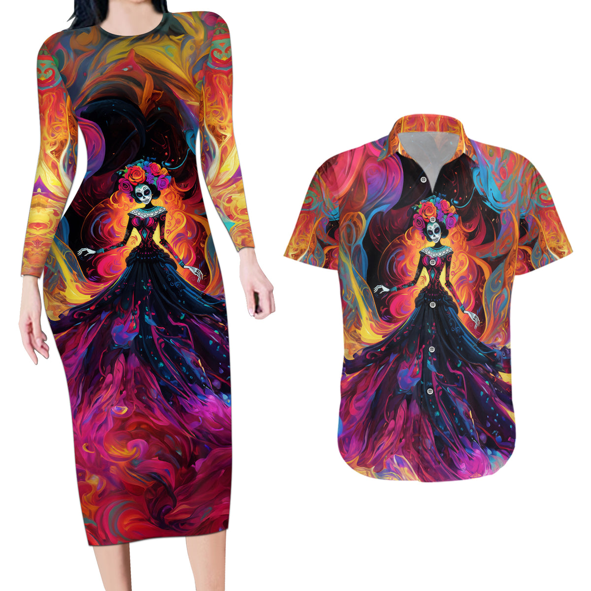 Day of Dead Lady Couples Matching Long Sleeve Bodycon Dress and Hawaiian Shirt Sugar Skull Flame Lady - Wonder Print Shop