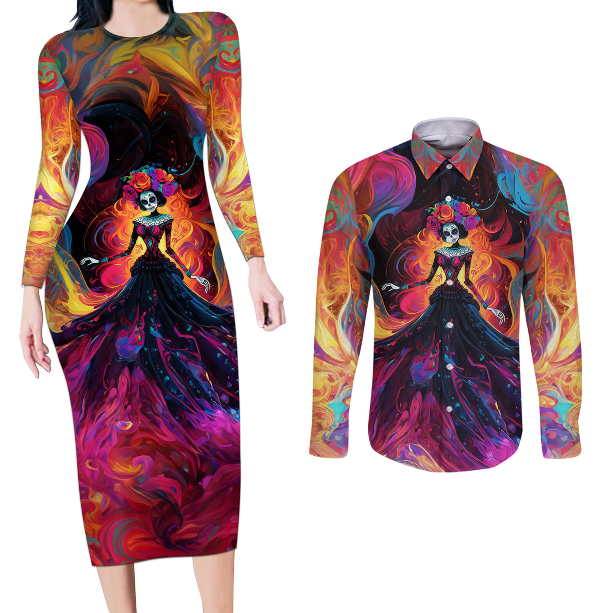 Day of Dead Lady Couples Matching Long Sleeve Bodycon Dress and Long Sleeve Button Shirt Sugar Skull Flame Lady - Wonder Print Shop