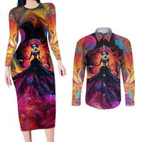 Day of Dead Lady Couples Matching Long Sleeve Bodycon Dress and Long Sleeve Button Shirt Sugar Skull Flame Lady - Wonder Print Shop