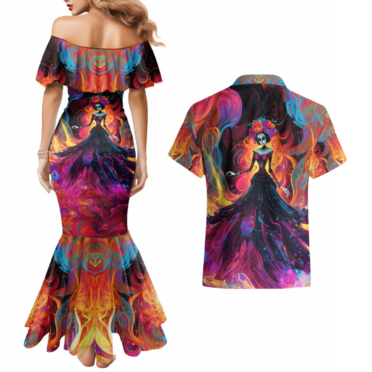 Day of Dead Lady Couples Matching Mermaid Dress and Hawaiian Shirt Sugar Skull Flame Lady - Wonder Print Shop