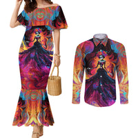 day-of-dead-lady-couples-matching-mermaid-dress-and-long-sleeve-button-shirt-sugar-skull-flame-lady