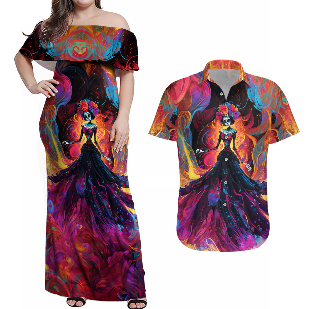 Day of Dead Lady Couples Matching Off Shoulder Maxi Dress and Hawaiian Shirt Sugar Skull Flame Lady - Wonder Print Shop