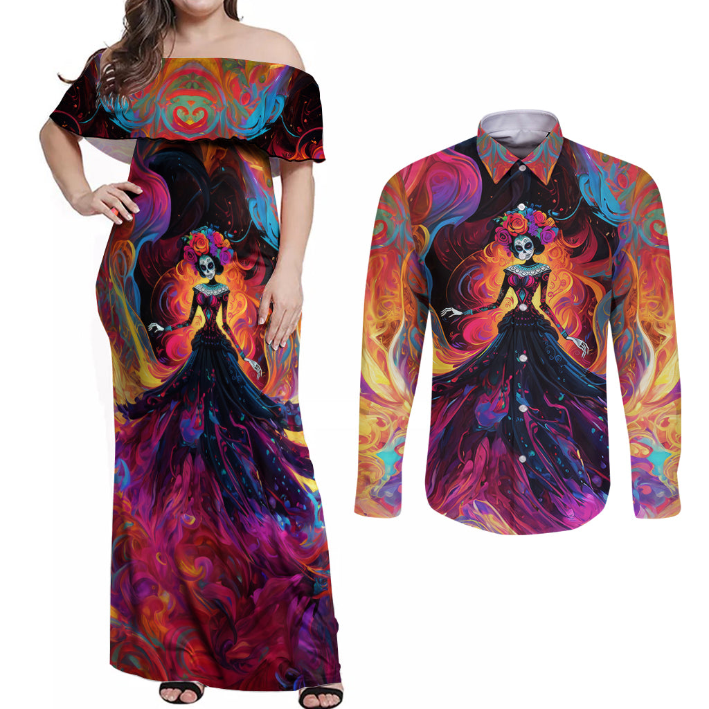 Day of Dead Lady Couples Matching Off Shoulder Maxi Dress and Long Sleeve Button Shirt Sugar Skull Flame Lady - Wonder Print Shop