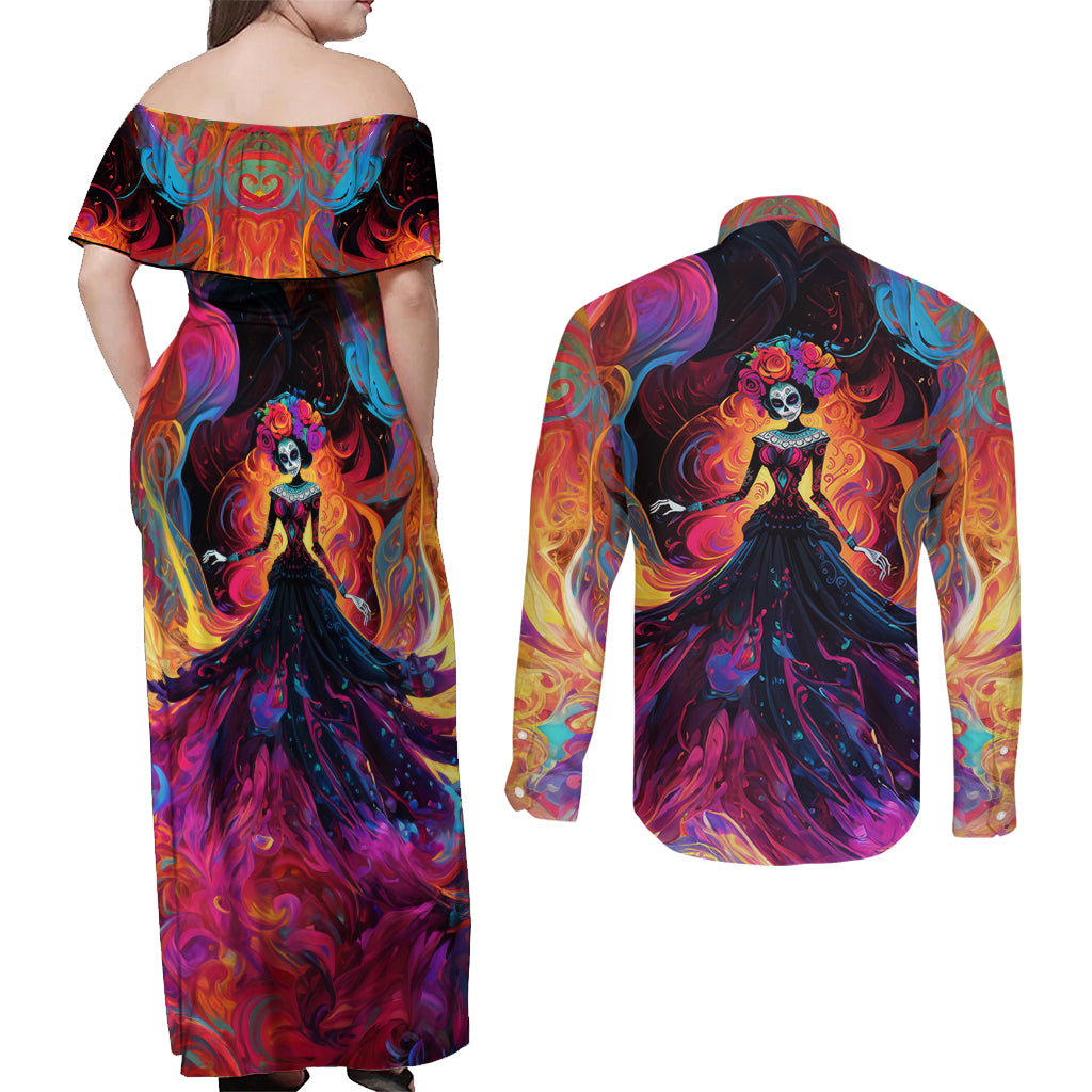 Day of Dead Lady Couples Matching Off Shoulder Maxi Dress and Long Sleeve Button Shirt Sugar Skull Flame Lady - Wonder Print Shop