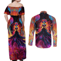 Day of Dead Lady Couples Matching Off Shoulder Maxi Dress and Long Sleeve Button Shirt Sugar Skull Flame Lady - Wonder Print Shop