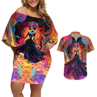 Day of Dead Lady Couples Matching Off Shoulder Short Dress and Hawaiian Shirt Sugar Skull Flame Lady - Wonder Print Shop