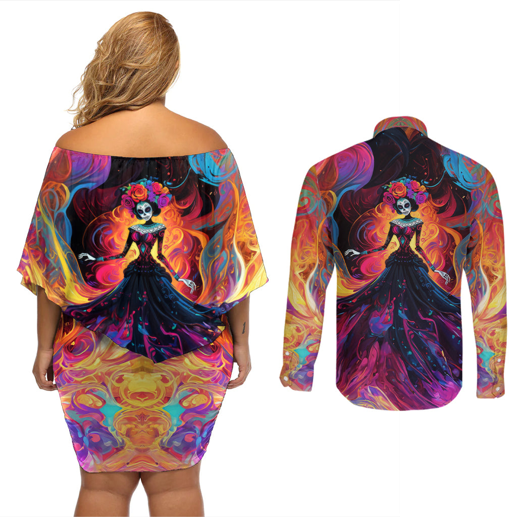 Day of Dead Lady Couples Matching Off Shoulder Short Dress and Long Sleeve Button Shirt Sugar Skull Flame Lady - Wonder Print Shop