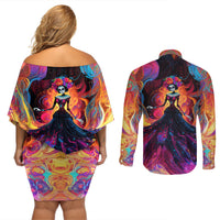 Day of Dead Lady Couples Matching Off Shoulder Short Dress and Long Sleeve Button Shirt Sugar Skull Flame Lady - Wonder Print Shop