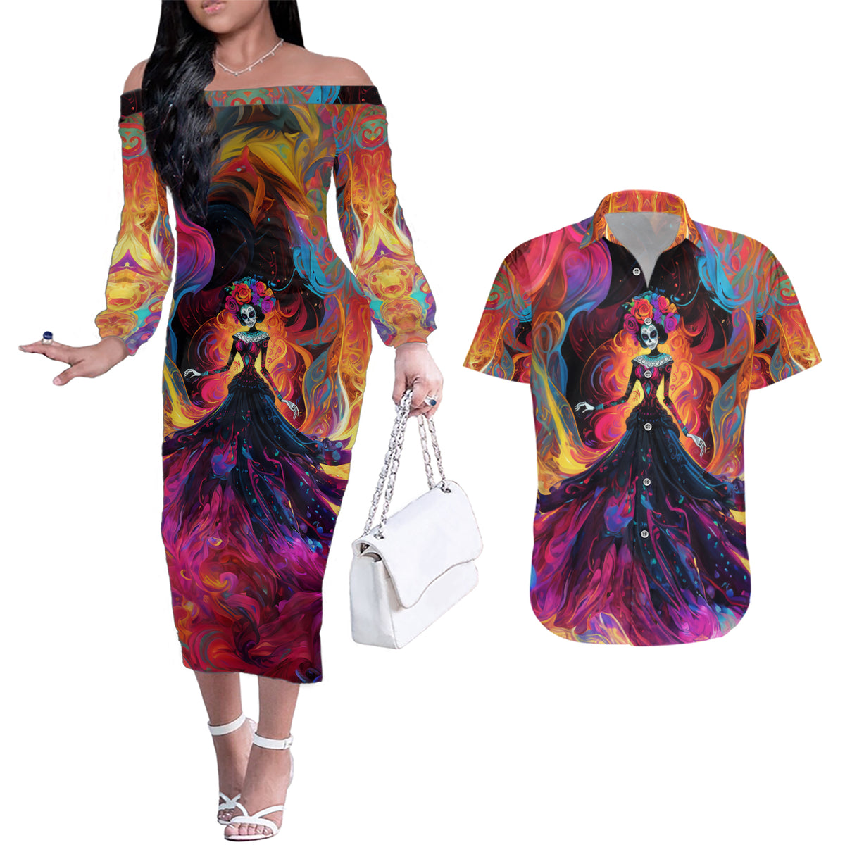 Day of Dead Lady Couples Matching Off The Shoulder Long Sleeve Dress and Hawaiian Shirt Sugar Skull Flame Lady - Wonder Print Shop