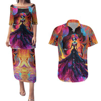 Day of Dead Lady Couples Matching Puletasi Dress and Hawaiian Shirt Sugar Skull Flame Lady - Wonder Print Shop