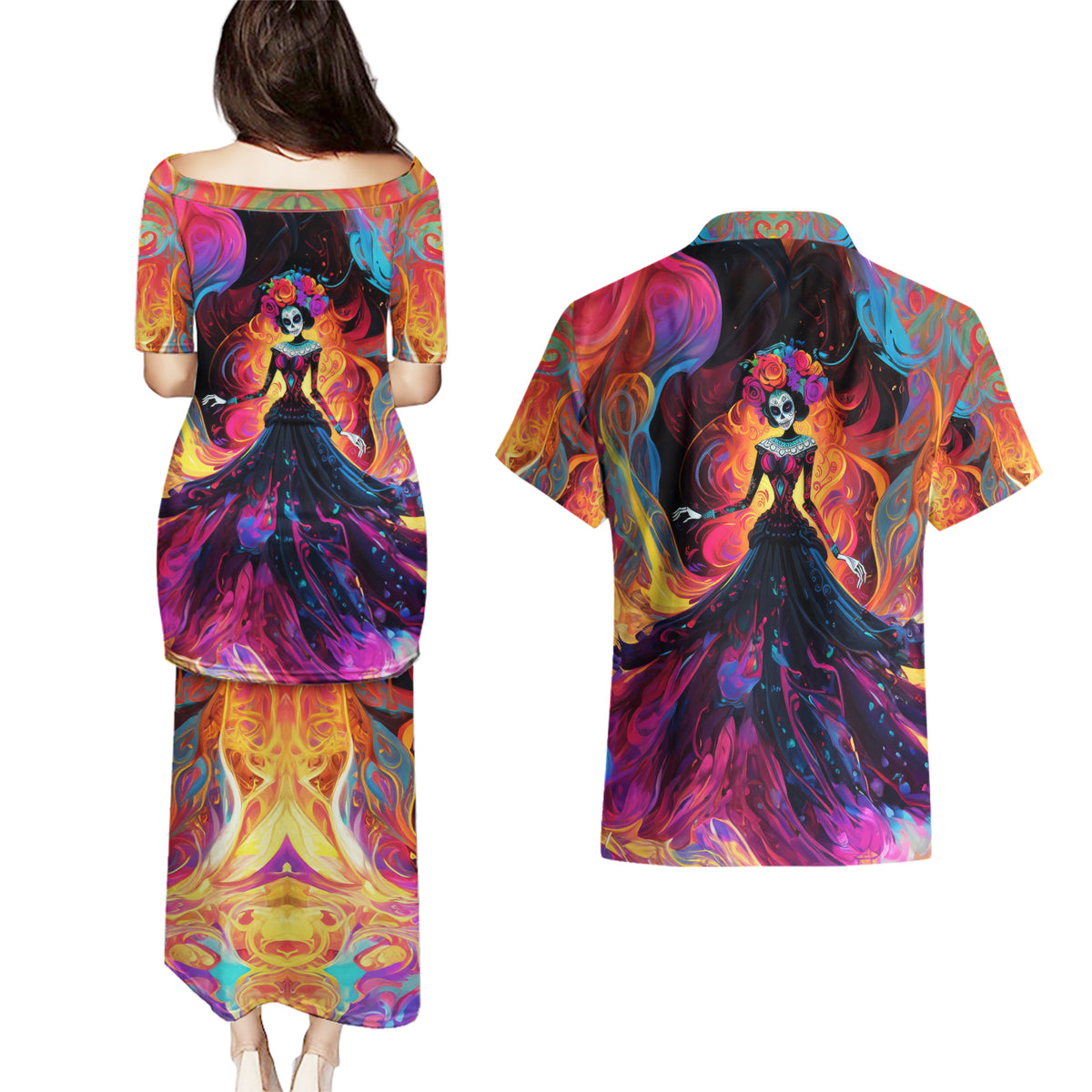 Day of Dead Lady Couples Matching Puletasi Dress and Hawaiian Shirt Sugar Skull Flame Lady - Wonder Print Shop