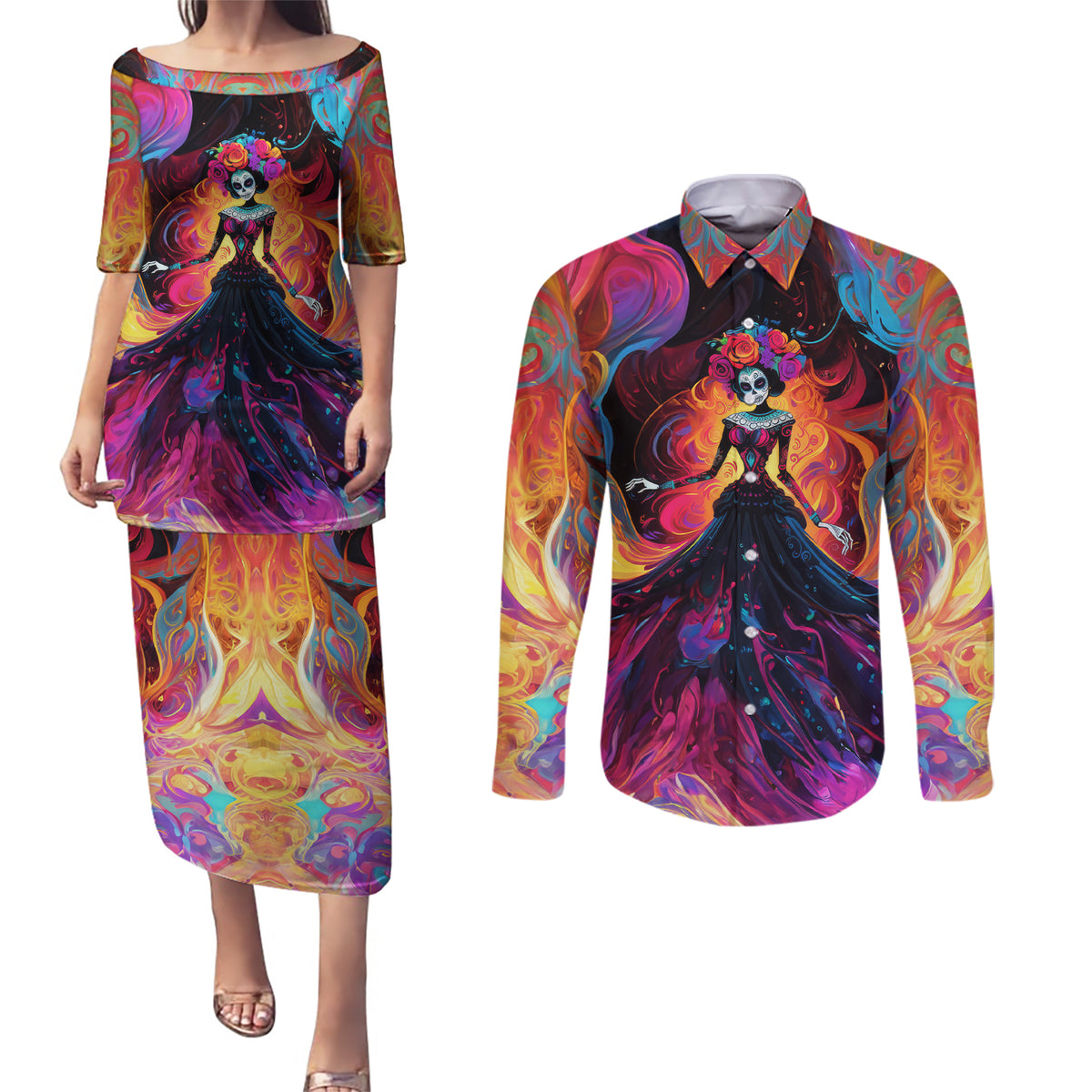 Day of Dead Lady Couples Matching Puletasi Dress and Long Sleeve Button Shirt Sugar Skull Flame Lady - Wonder Print Shop