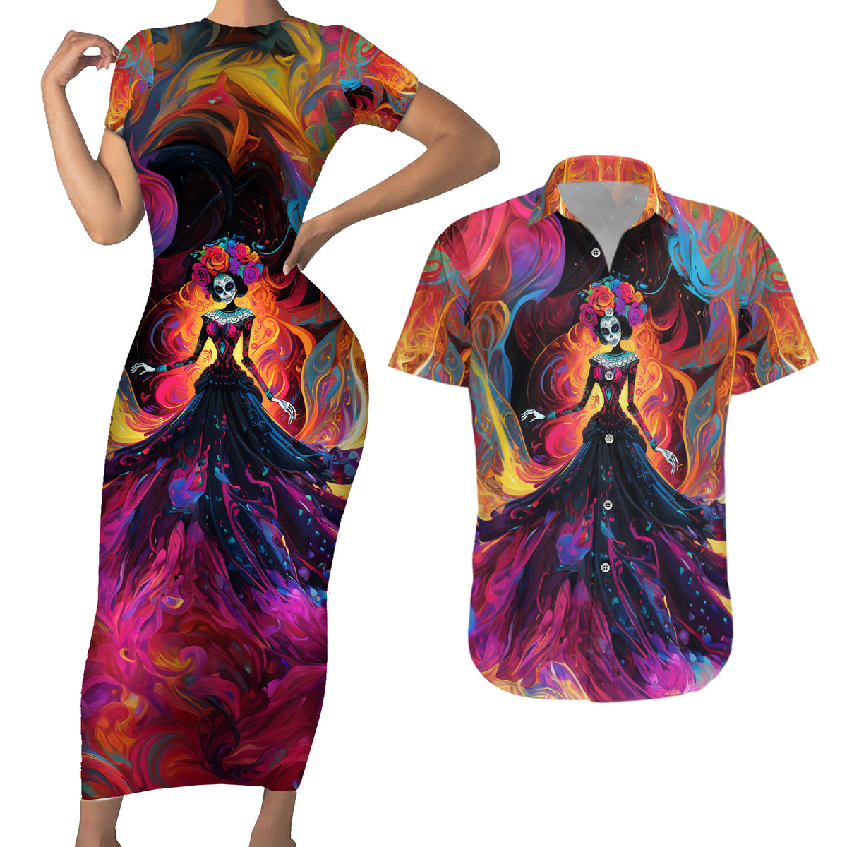Day of Dead Lady Couples Matching Short Sleeve Bodycon Dress and Hawaiian Shirt Sugar Skull Flame Lady - Wonder Print Shop