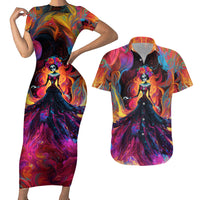 Day of Dead Lady Couples Matching Short Sleeve Bodycon Dress and Hawaiian Shirt Sugar Skull Flame Lady - Wonder Print Shop